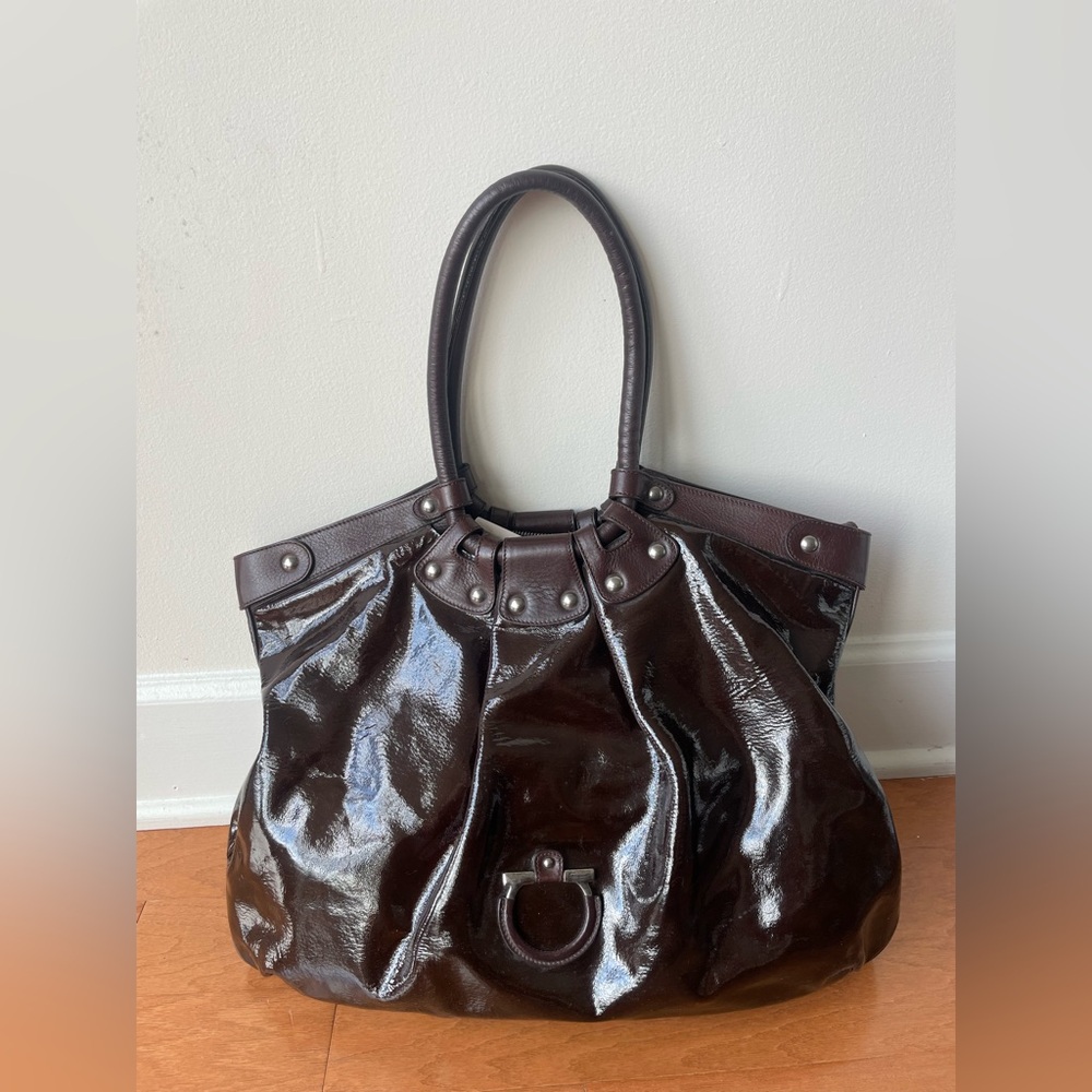 Ferragamo Mocha Brown Patent Tote Bag – Designer Hobo Shoulder Bag – Fall Bag